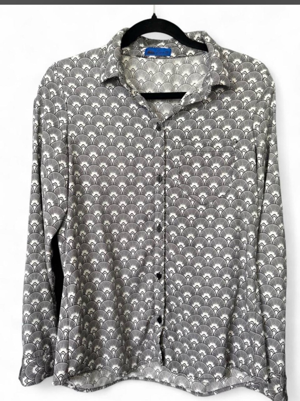 Womens Black and White Button-Down Shirt with Geometric Fan Print